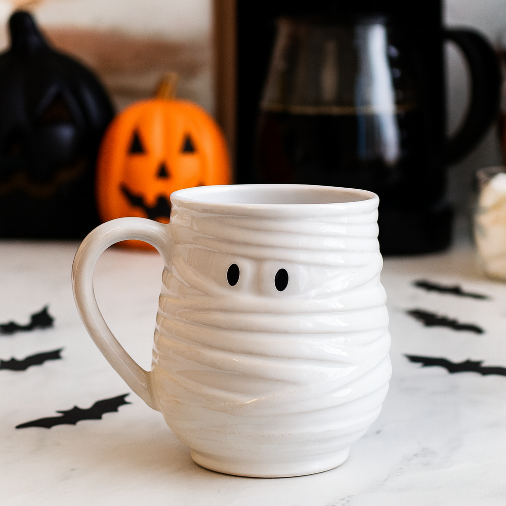 White ceramic mummy mug with black oval eyes – 22 oz Halloween drinkware