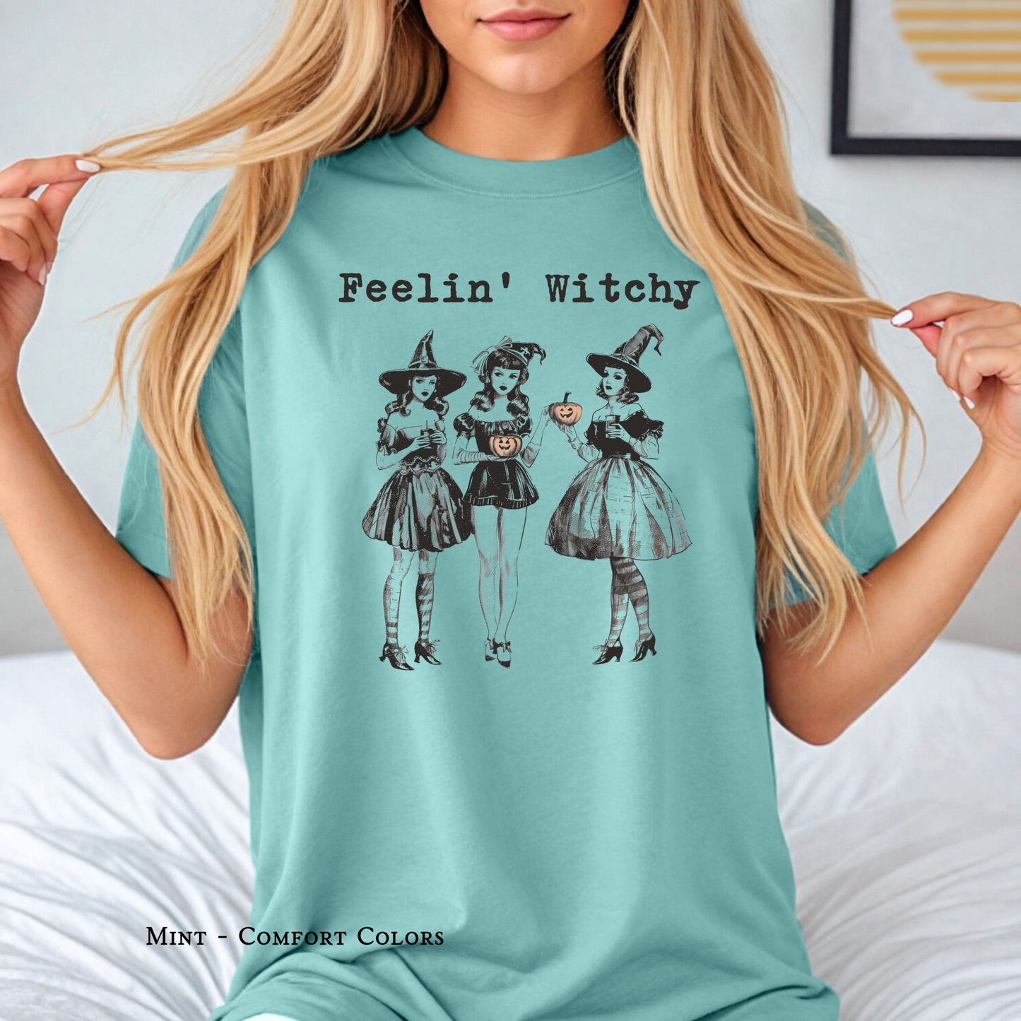 Feelin’ Witchy Halloween T-shirt in Comfort Colors Mint