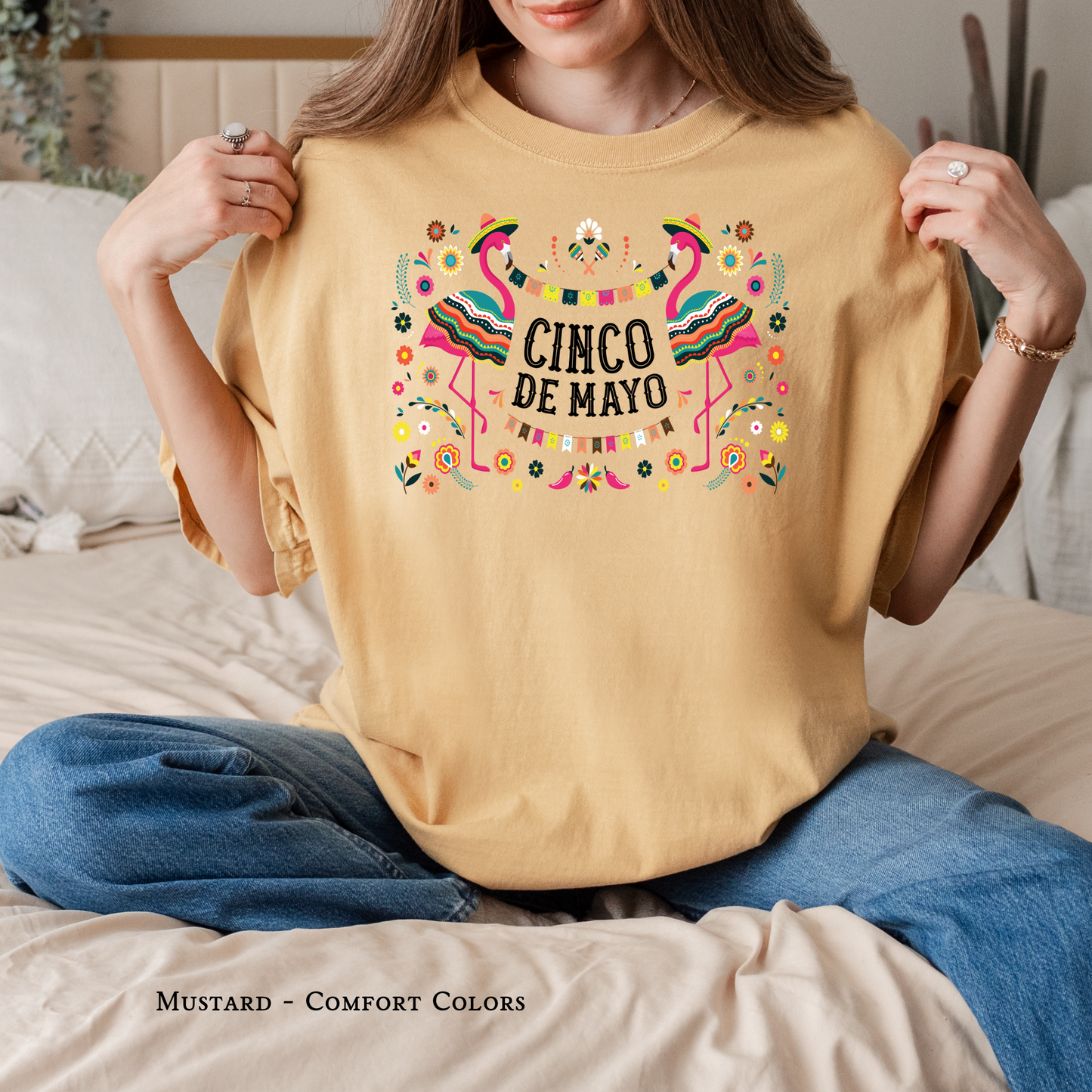 Fun fiesta shirt with flamingos, tacos, and bold party vibe