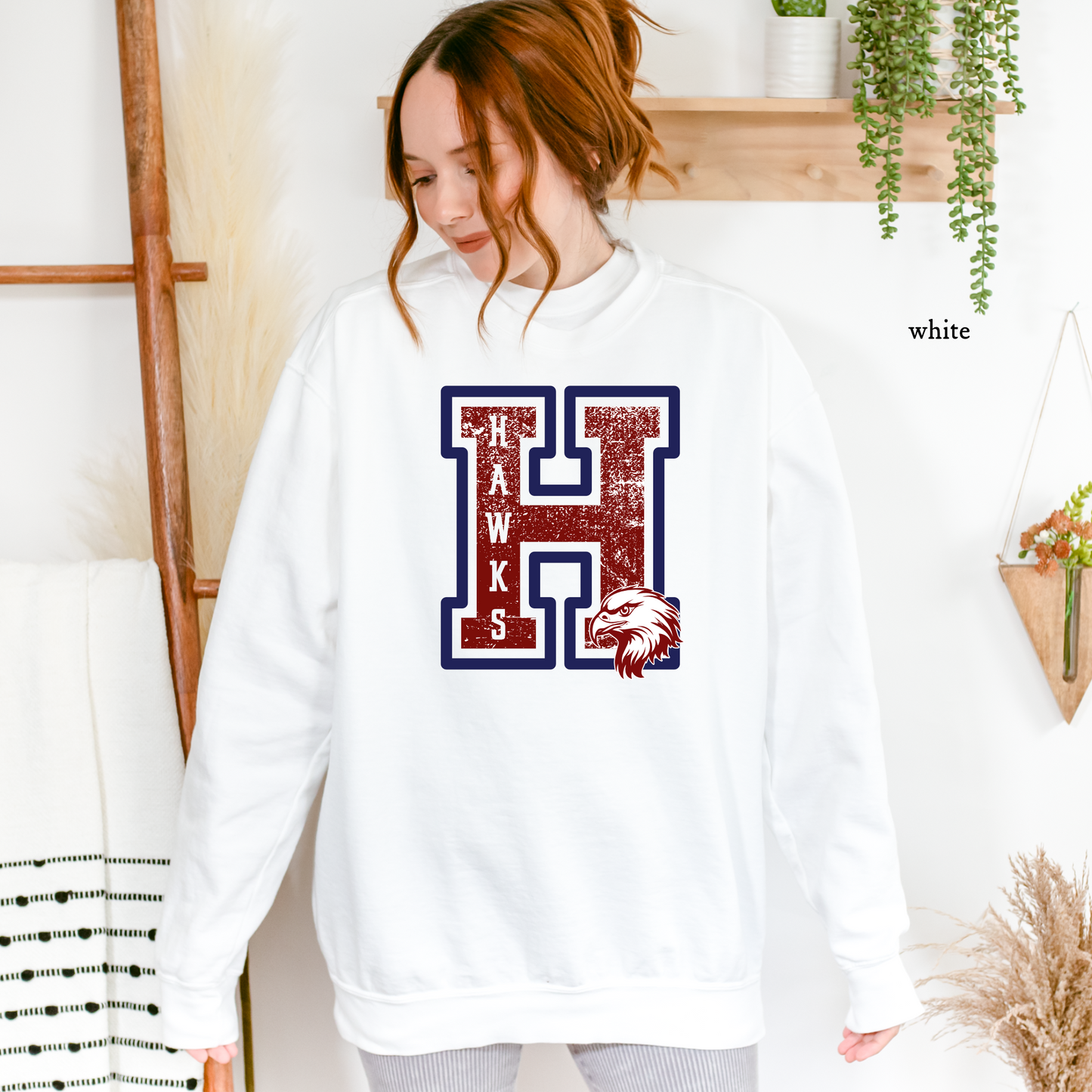 Unisex Grunge Varsity H Sweatshirt in Ivory and White