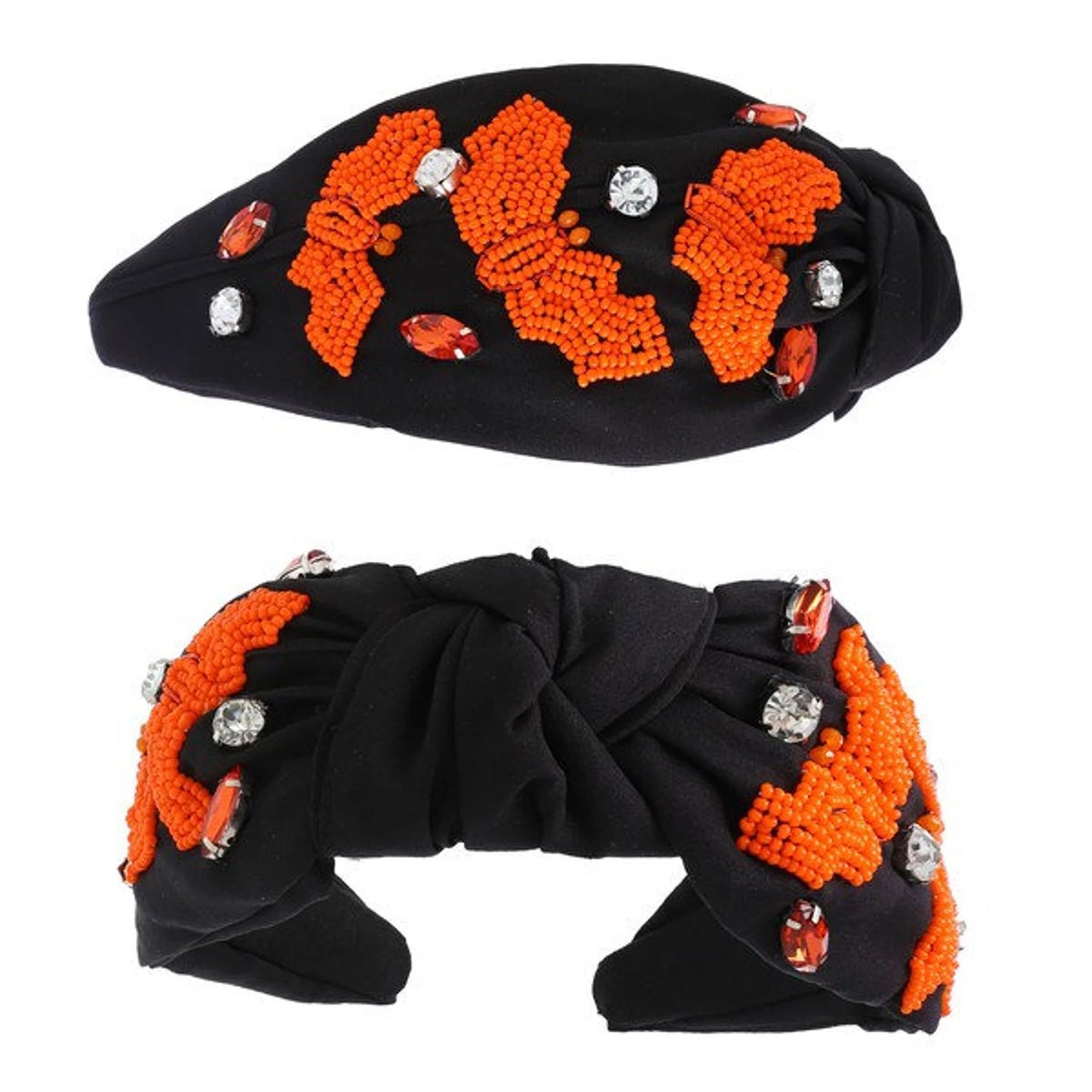 Close-up of Halloween headband with bats and sparkling gems