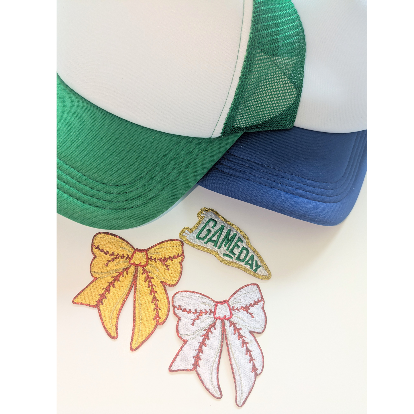 Coquette Bow Softball Patch Trucker Mesh Hats | Blue & Green