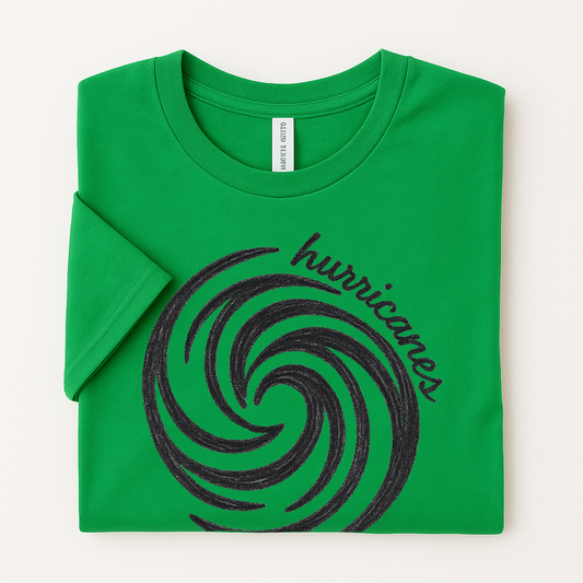 Flat lay green FJH hurricane swirl shirt