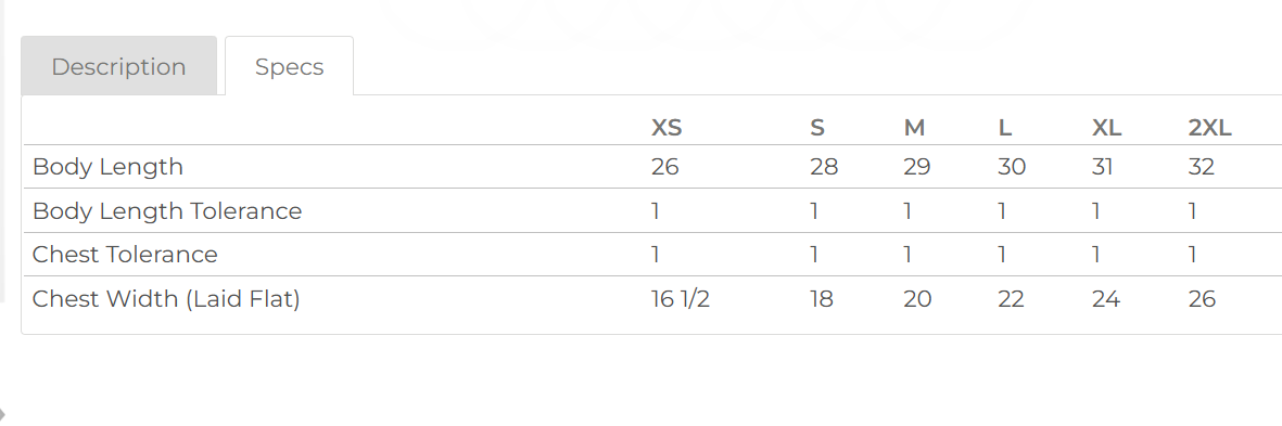 SIze chart for Ringer Tees
