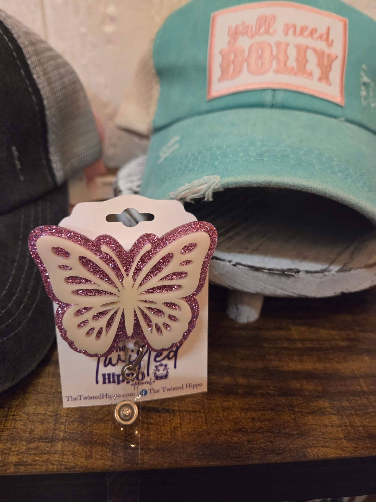 Pink Glitter Butterfly Badge Reel