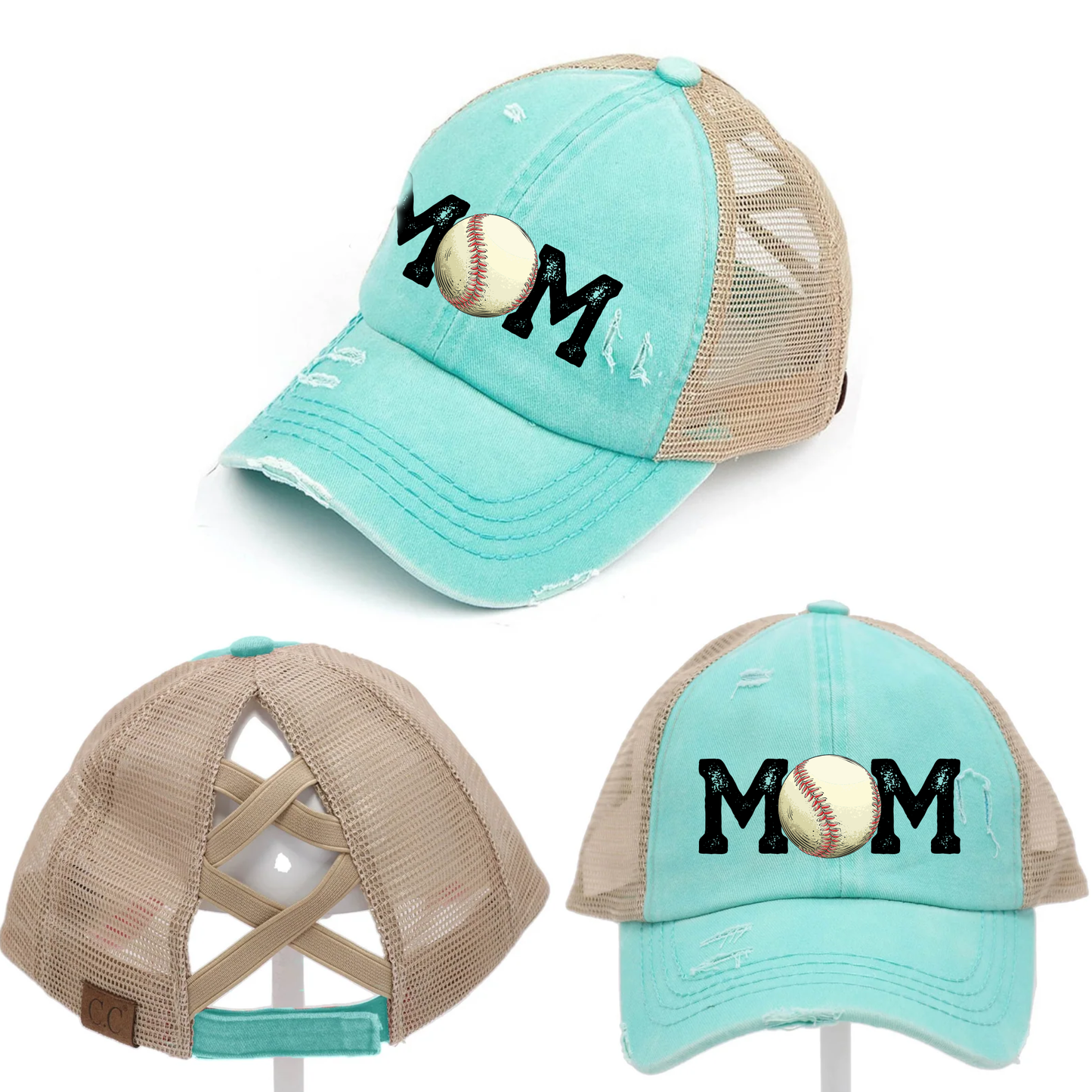 Baseball Mom Criss Cross Hat - Red, Mint & Charcoal