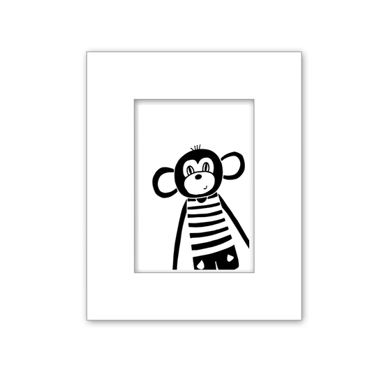 An art print measuuring 14 * 11 inches of an playful moneky. The image features black and white tones. Perfect for decorating a nursery or child's bedroom with an African safari or zoo theme.