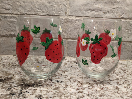set of Strawberry Patch Hand Painted Stemless Wine Glasses - 16 oz