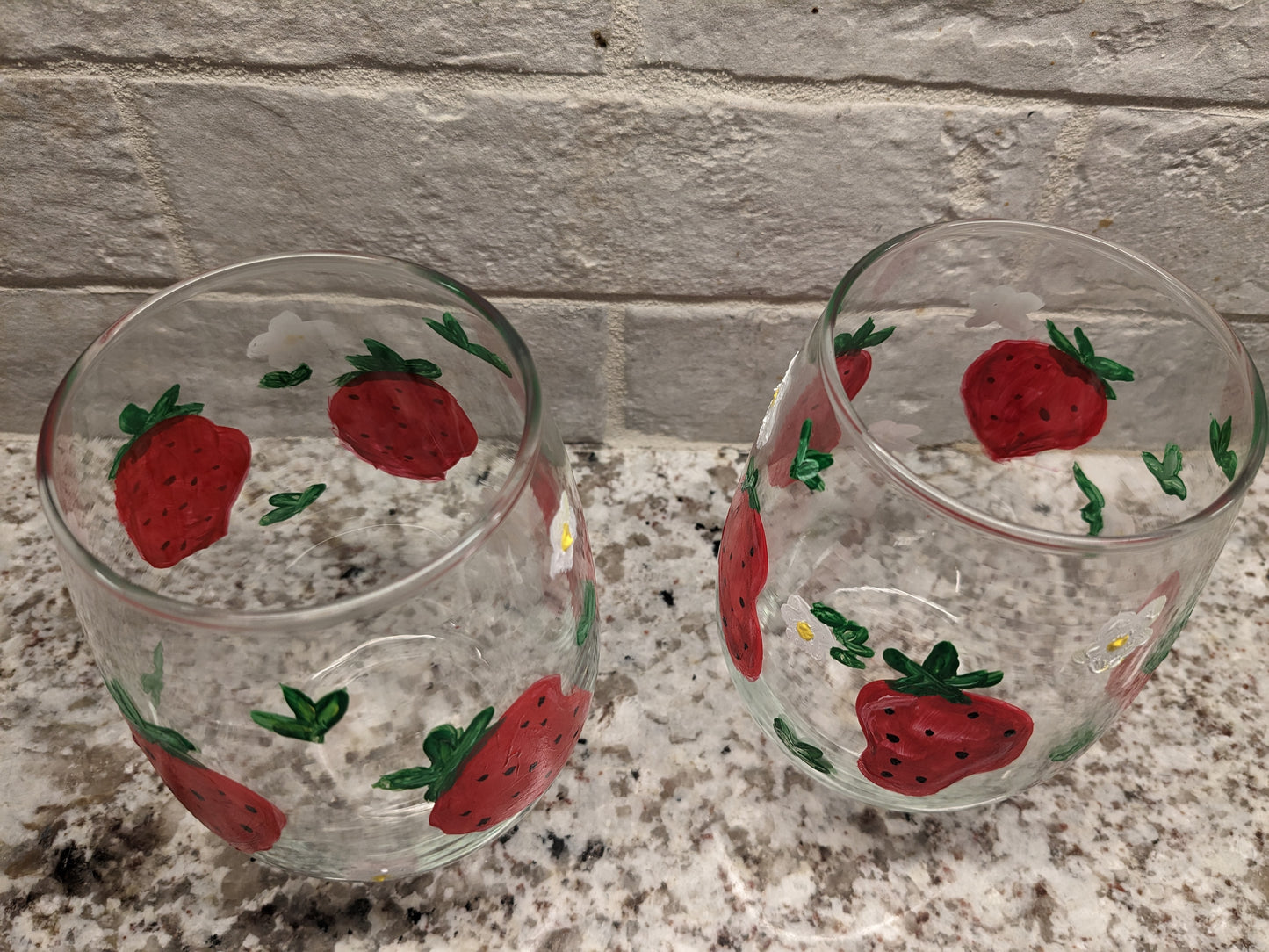 set of Strawberry Patch Hand Painted Stemless Wine Glasses - 16 oz