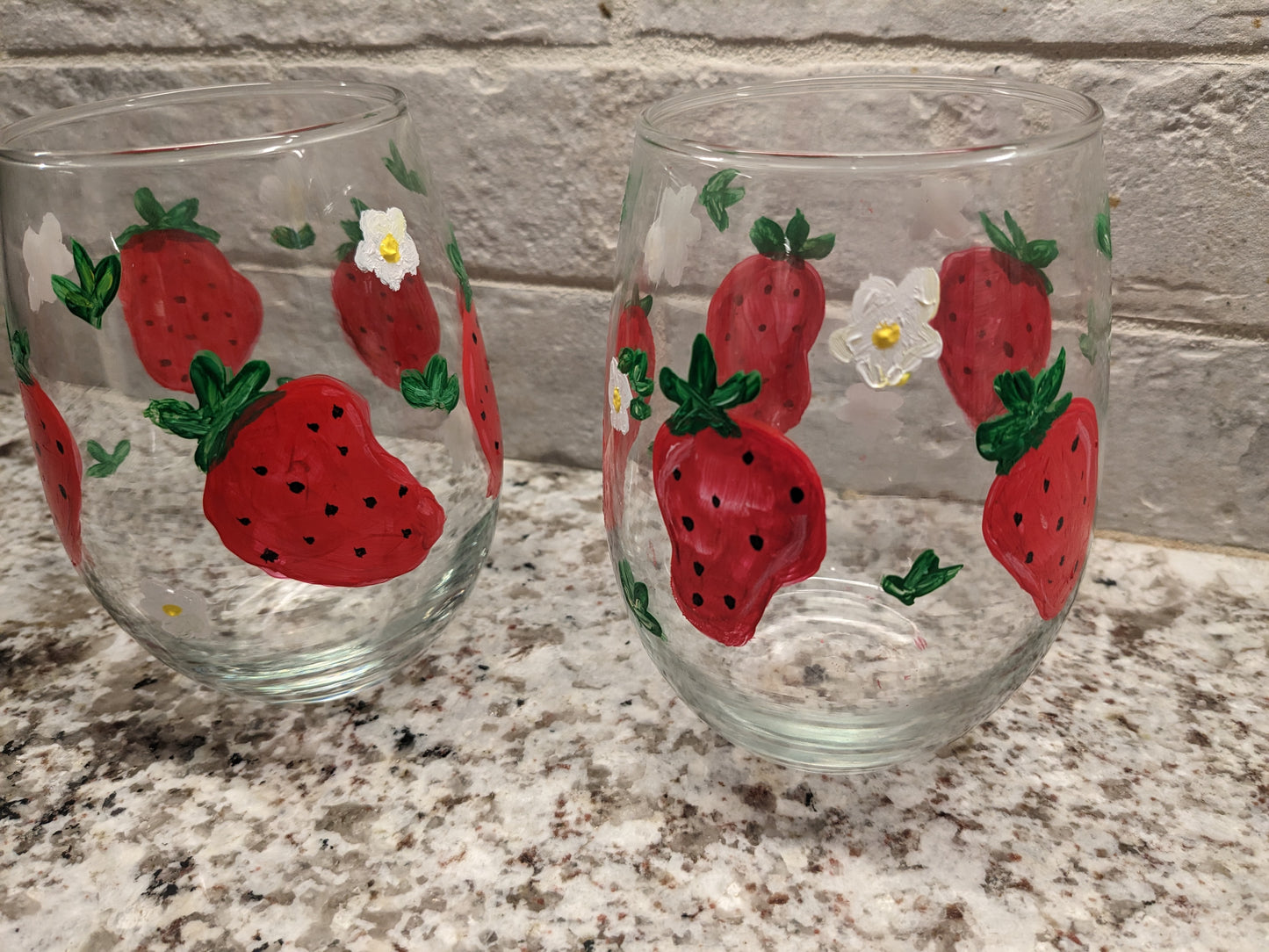 set of Strawberry Patch Hand Painted Stemless Wine Glasses - 16 oz