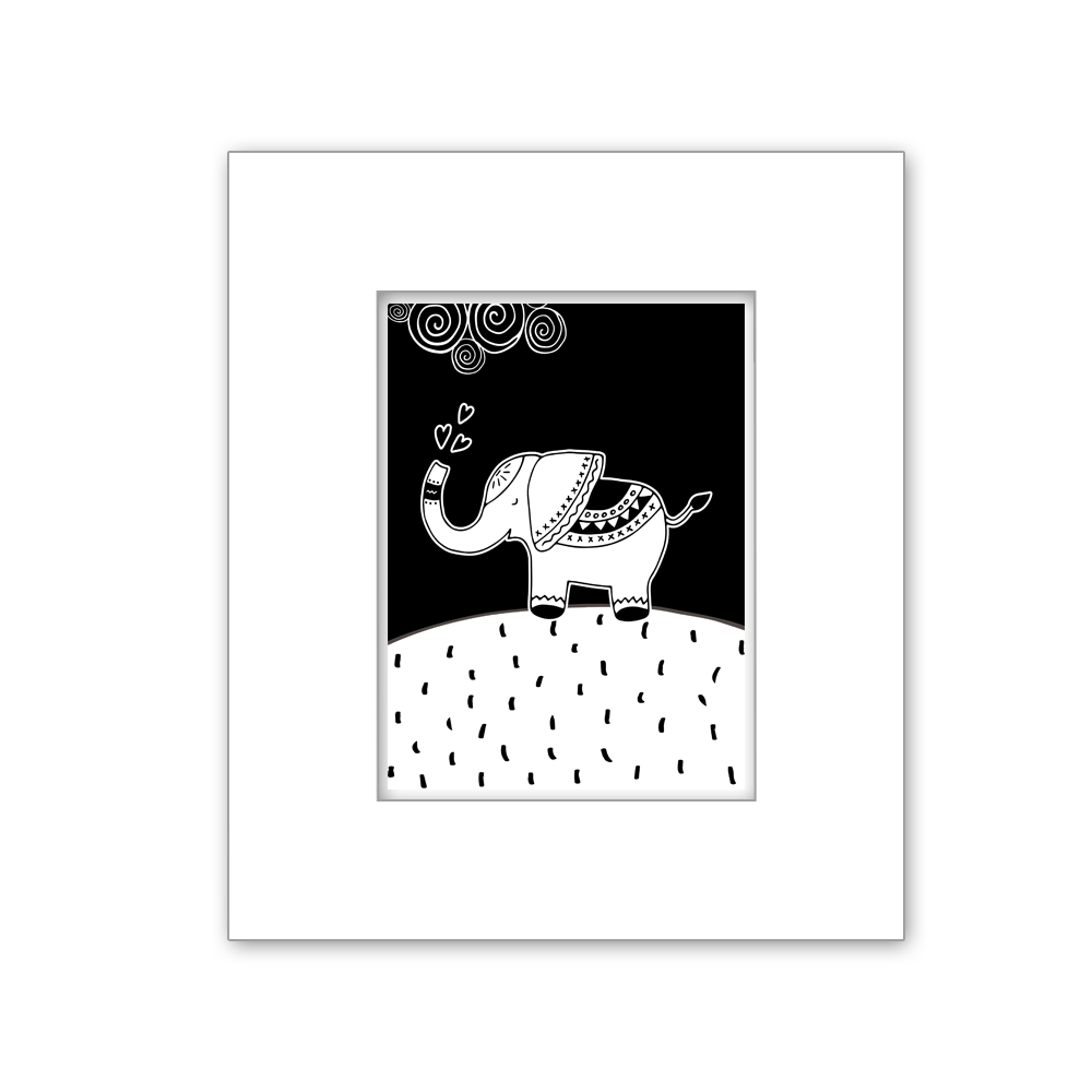 An art print measuuring 14 * 11 inches of an elephant in playful pose spouting water droplets in the shape of hearts. The image features black and white tones. Perfect for decorating a nursery or child's bedroom with an African safari or wildlife theme