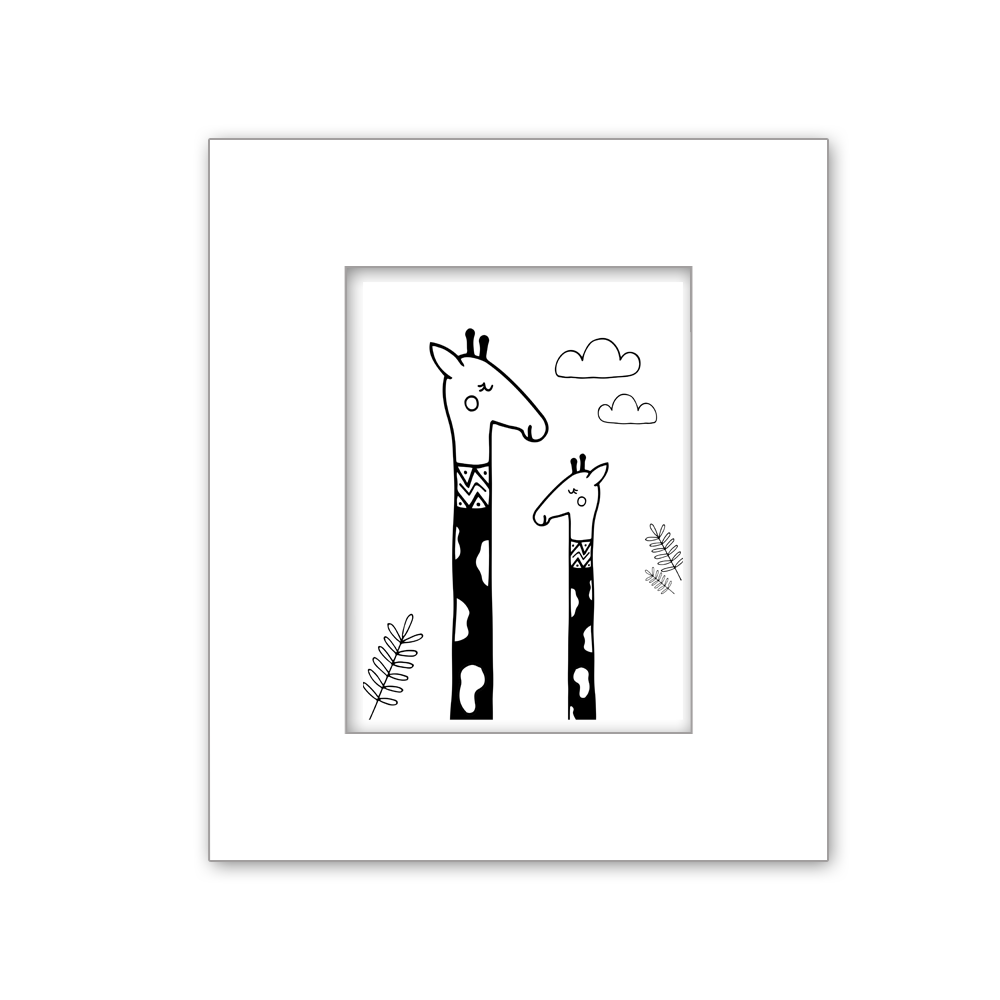 An art print measuuring 14 * 11 inches of a mother and baby giraffe in playful pose, set against an African savanna background. The image features black and white tones. Perfect for decorating a nursery or child's bedroom with an African safari or wildlife theme