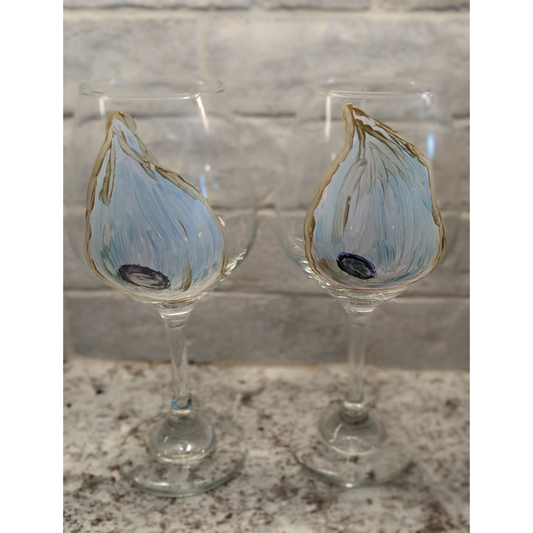 Set of Oyster Hand Painted Stemmed Wine Glasses - 16 oz