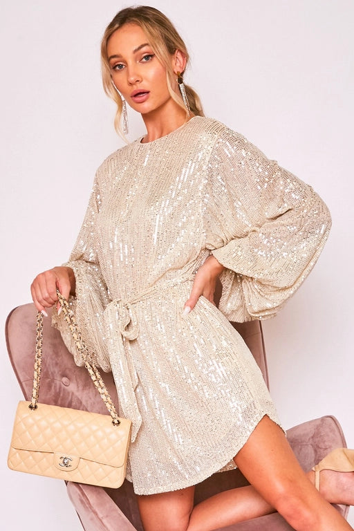 Gold Sequin Mini Dress | Round Neck | Balloon Sleeve | Mardi Gras