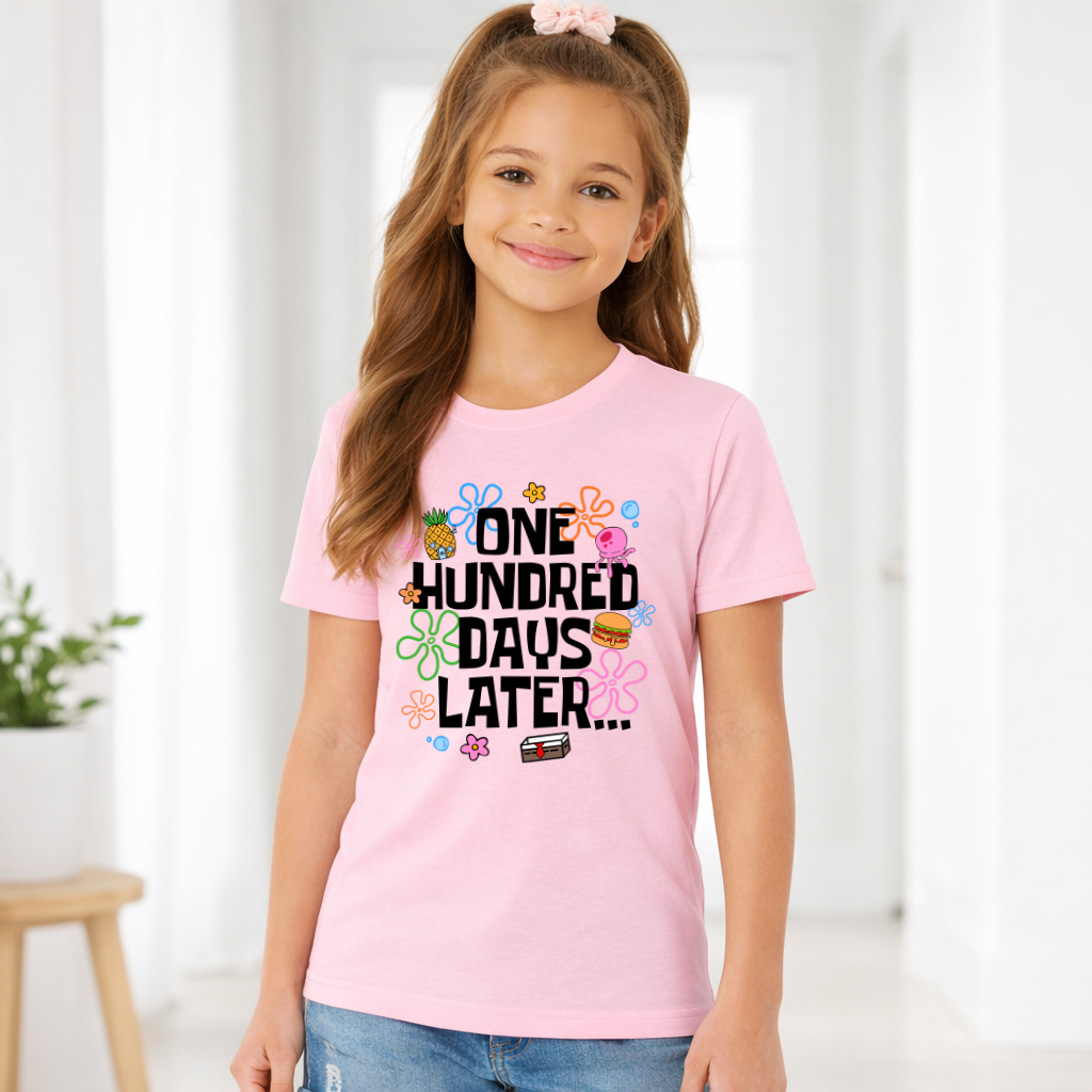 child wearing One Hunder Days Later 100 Days of School Pink shirt