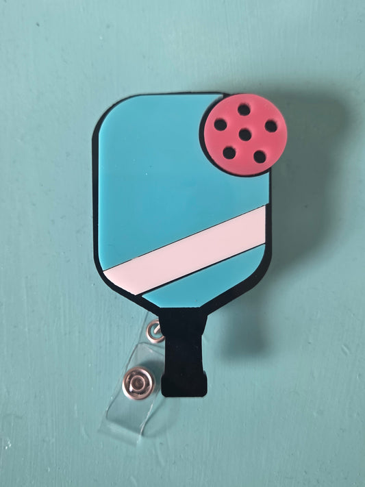 Pickleball acrylic badge reel with belt clip