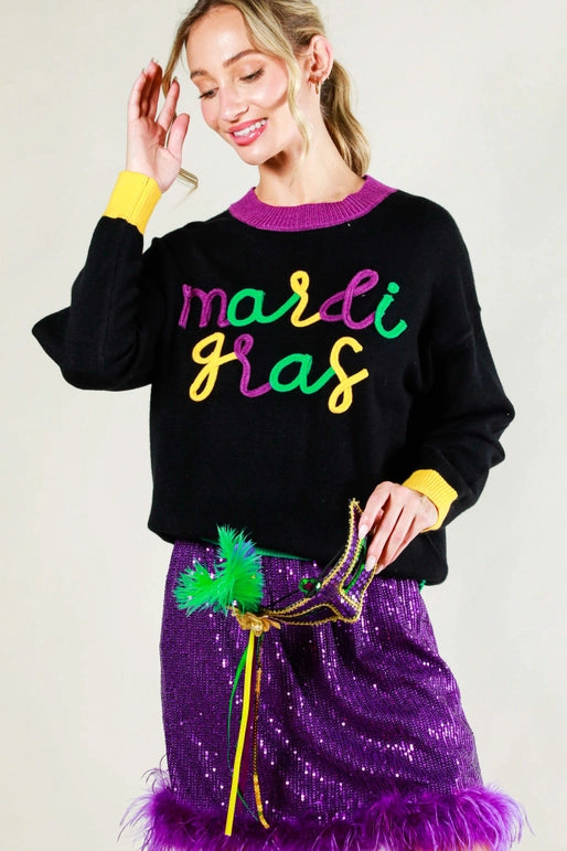 Embordered Mardi Gras SOFT Sweater | Black