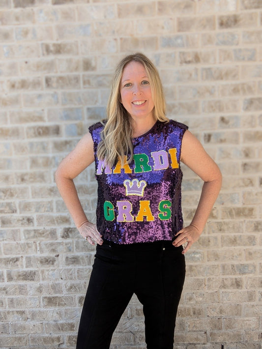 Sleeveless sequin Mardi Gras letter patch top