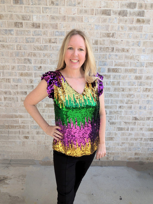 Sequin Top with Ruffle Sleeves – Mardi Gras