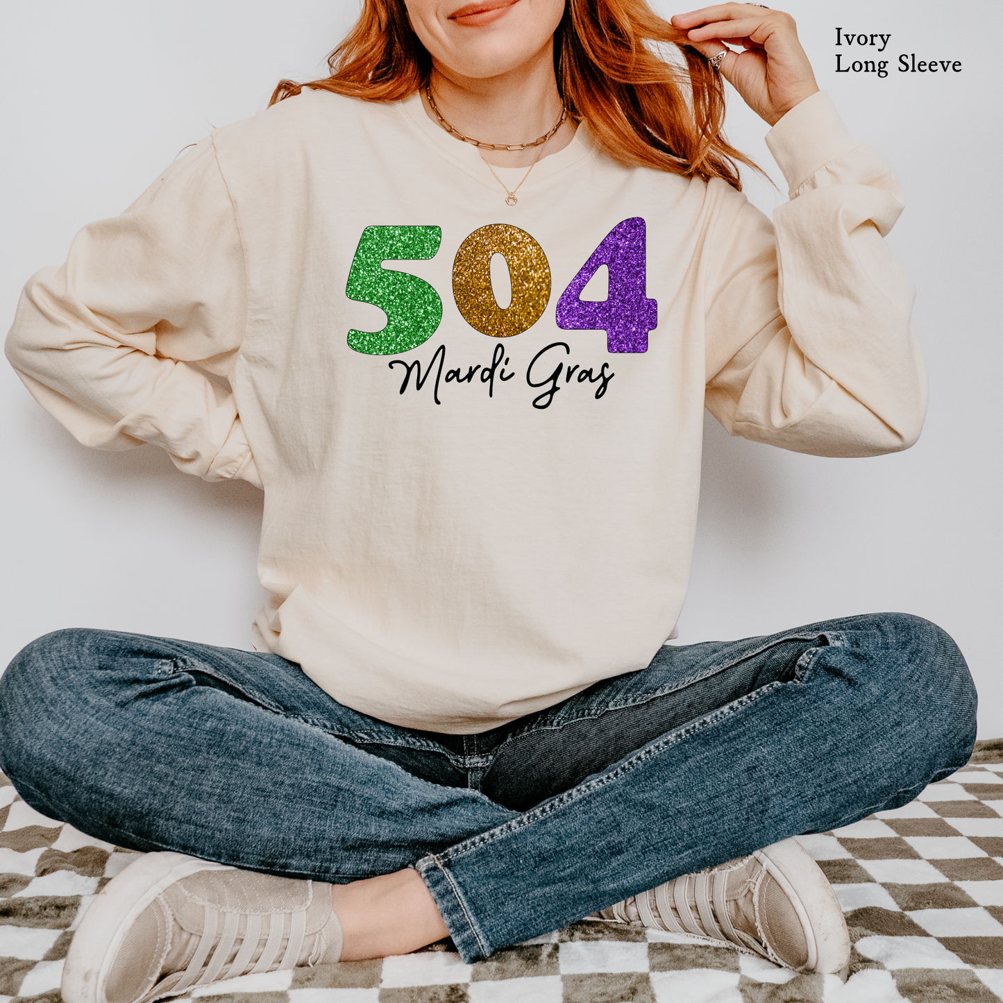 Faux Glitter Mardi Gras 504 | Comfort Color Long Sleeve Graphic Tees