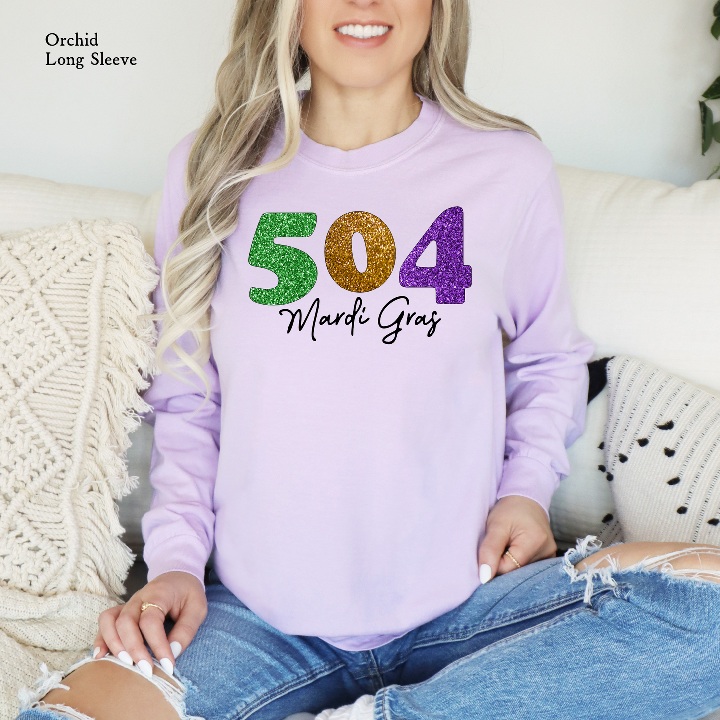 Faux Glitter Mardi Gras 504 | Comfort Color Long Sleeve Graphic Tees