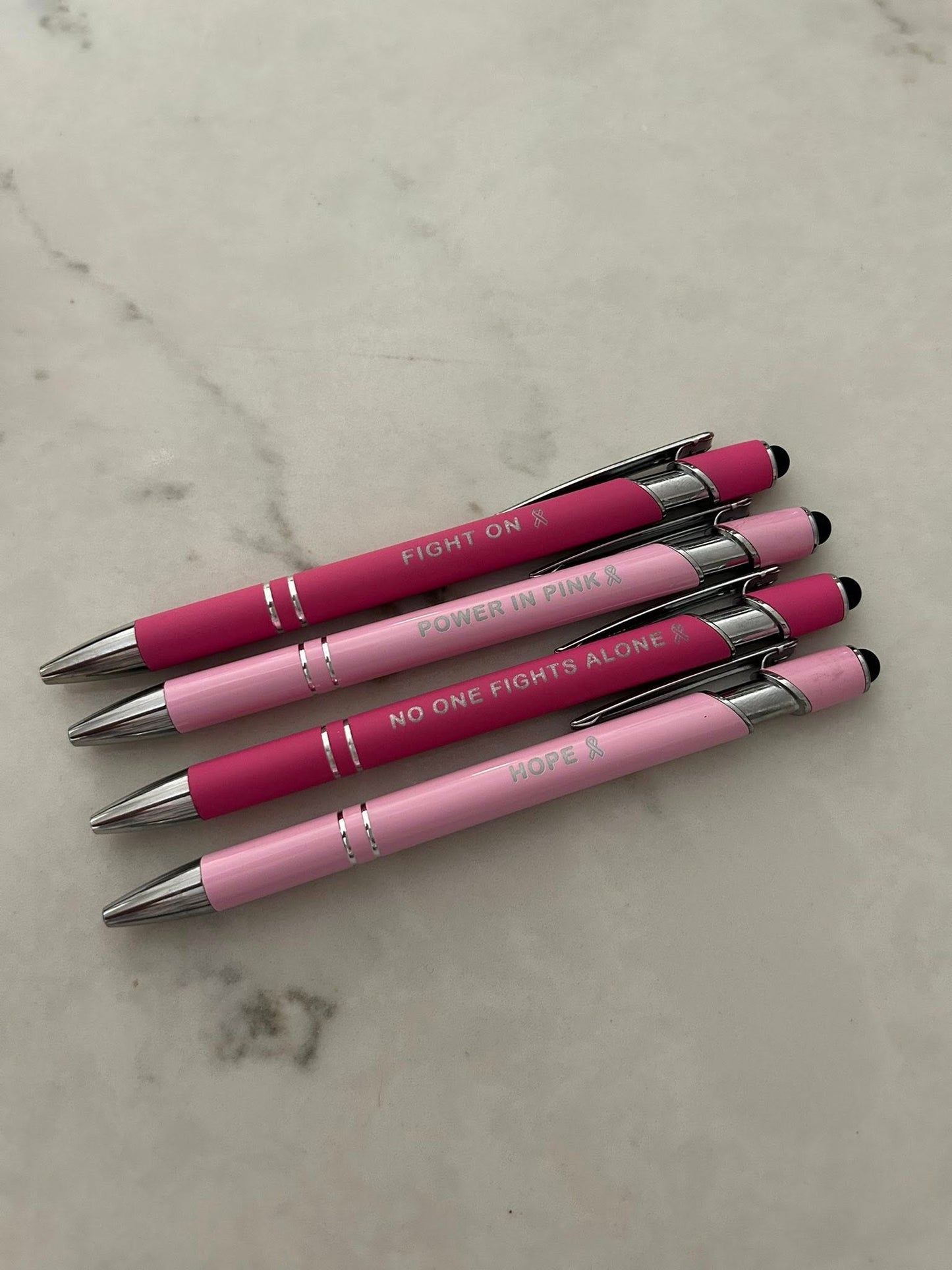 Engraved Breast Cancer Awareness Pen Set of 4 – Encouraging Words & Ribbon