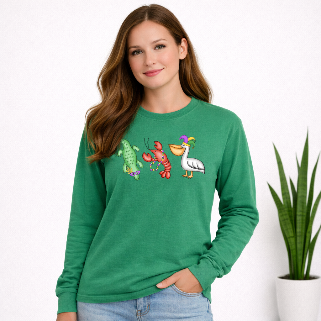 Gator crawfish pelican Mardi Gras long sleeve tee