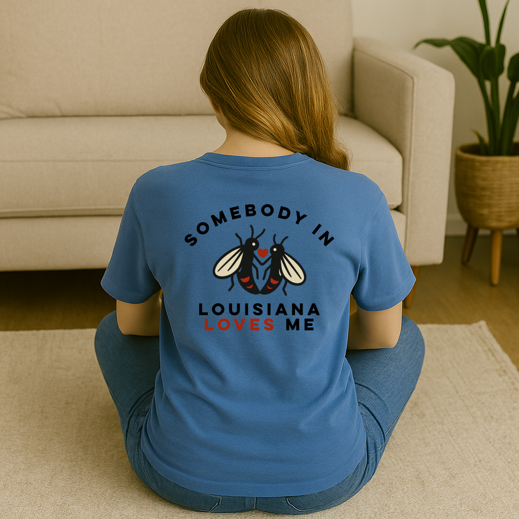Back graphic view of Louisiana Love Bug T-Shirt in Flo Blue