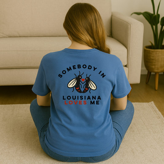 Back graphic view of Louisiana Love Bug T-Shirt in Flo Blue