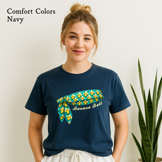 Banana Ball Bandana baseball T-shirt on Comfort Colors navy shirt front view