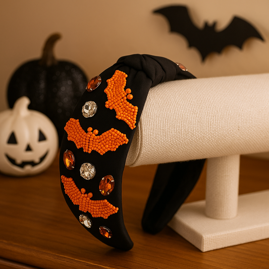 Black headband with orange beaded bats and gemstones – Halloween accessory