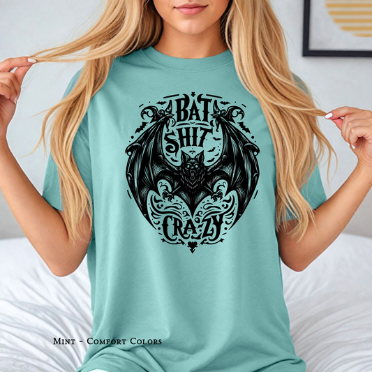Bat Shit Crazy Halloween shirt with detailed black gothic bat graphic