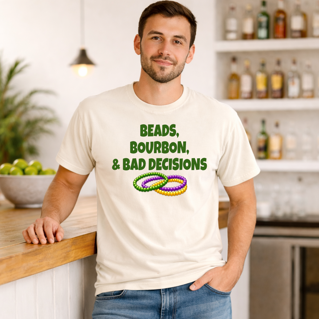Unisex Mardi Gras tee with bourbon and bead graphic