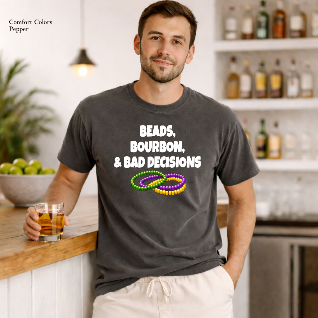 Funny Mardi Gras T-shirt with beer bourbon and beads