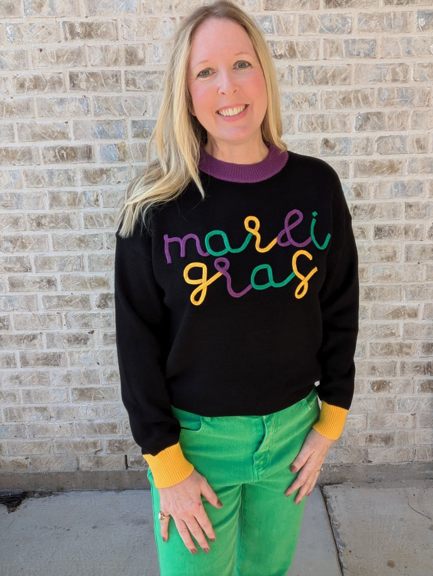 Embroidered Mardi Gras sweater in black