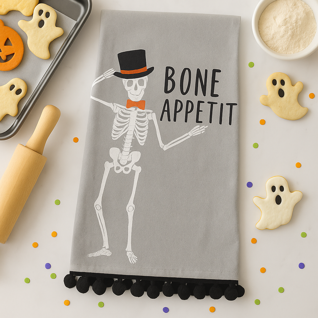 Halloween-themed kitchen towel with skeleton design and 'Bone Appetit' text, surrounded by Halloween cookies and decor.