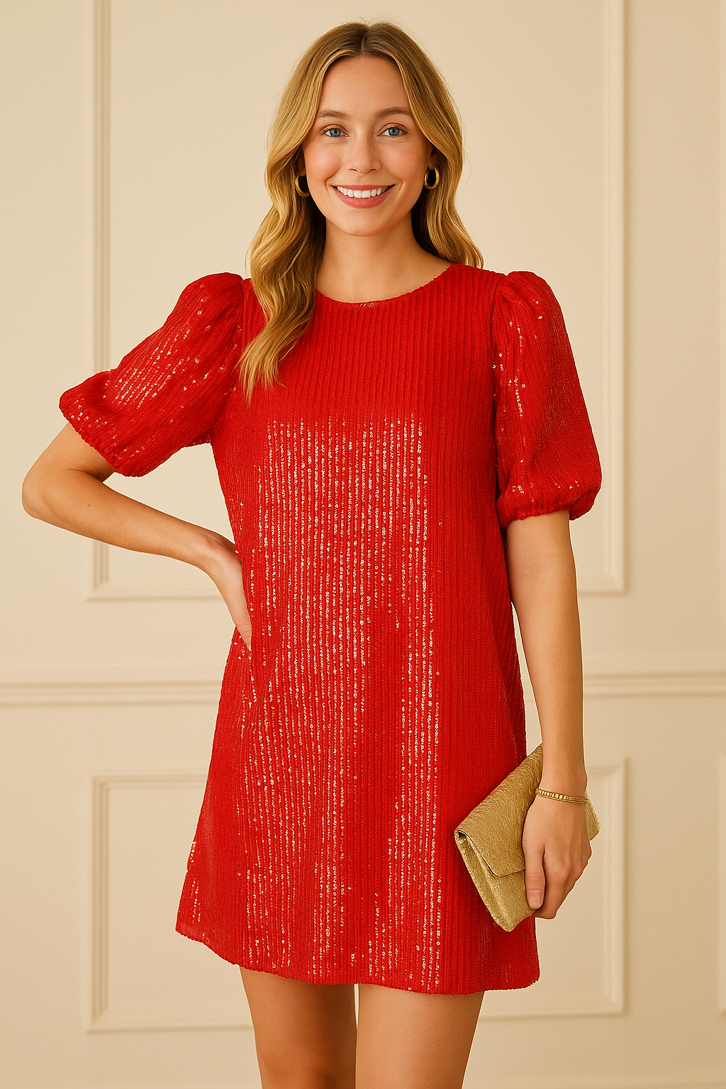 Red Sequin Mini Dress | Round Neck
