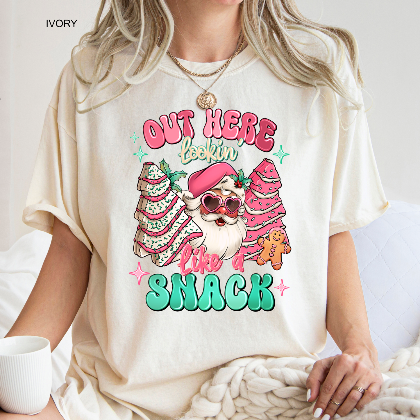 Out Here Looking Like a Snack with Santa and Christmas Cakes on Ivory Comfort Colors Short Sleeve Tee