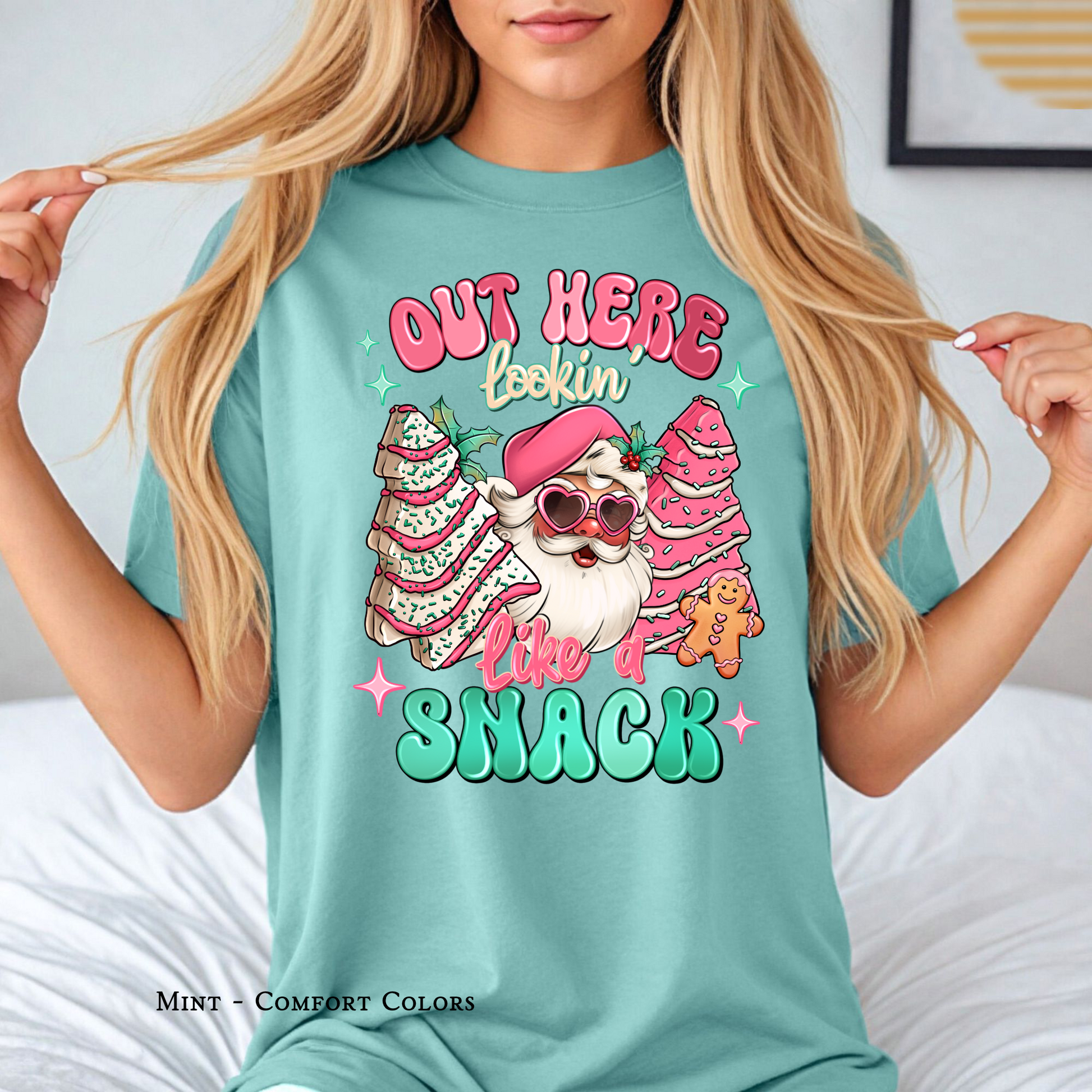 Out Here Looking Like a Snack with Santa and Christmas Cakes on Mint Comfort Colors Short Sleeve Tee