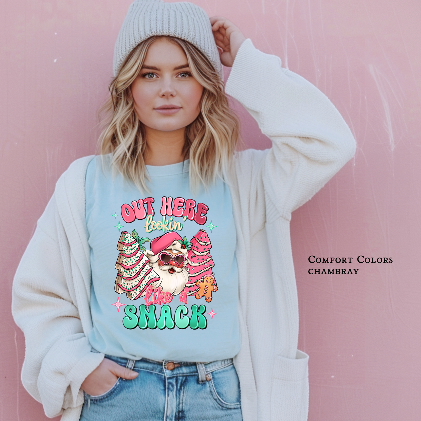Out Here Looking Like a Snack with Santa and Christmas Cakes on Chambray Comfort Colors Short Sleeve Tee