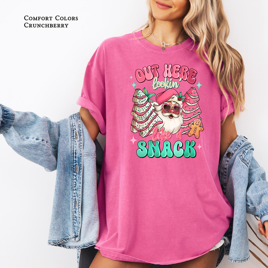 Out Here Looking Like a Snack with Santa and Christmas Cakes on Crunchberry Comfort Colors Short Sleeve Tee