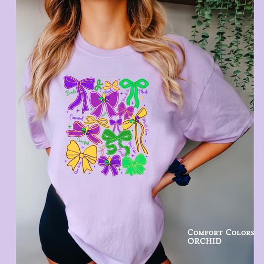 Coquette Mardi Gras bow collection with purple, green and gold ribbon