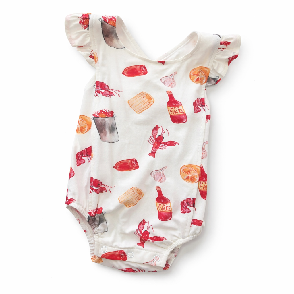 louisiana crawfish baby outfit with hot sauce and corn print