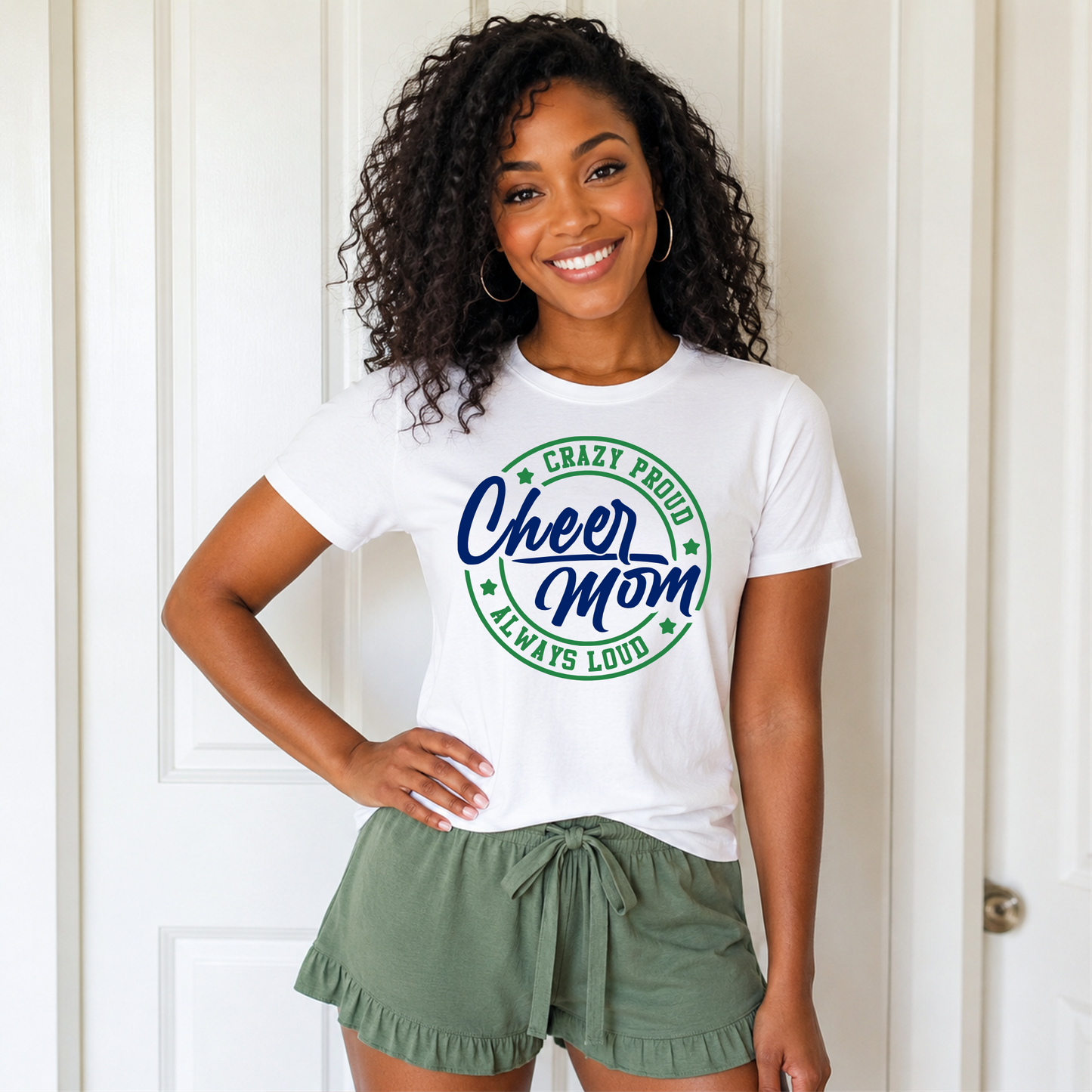 MYB cheer mom game day shirt with bold varsity style lettering