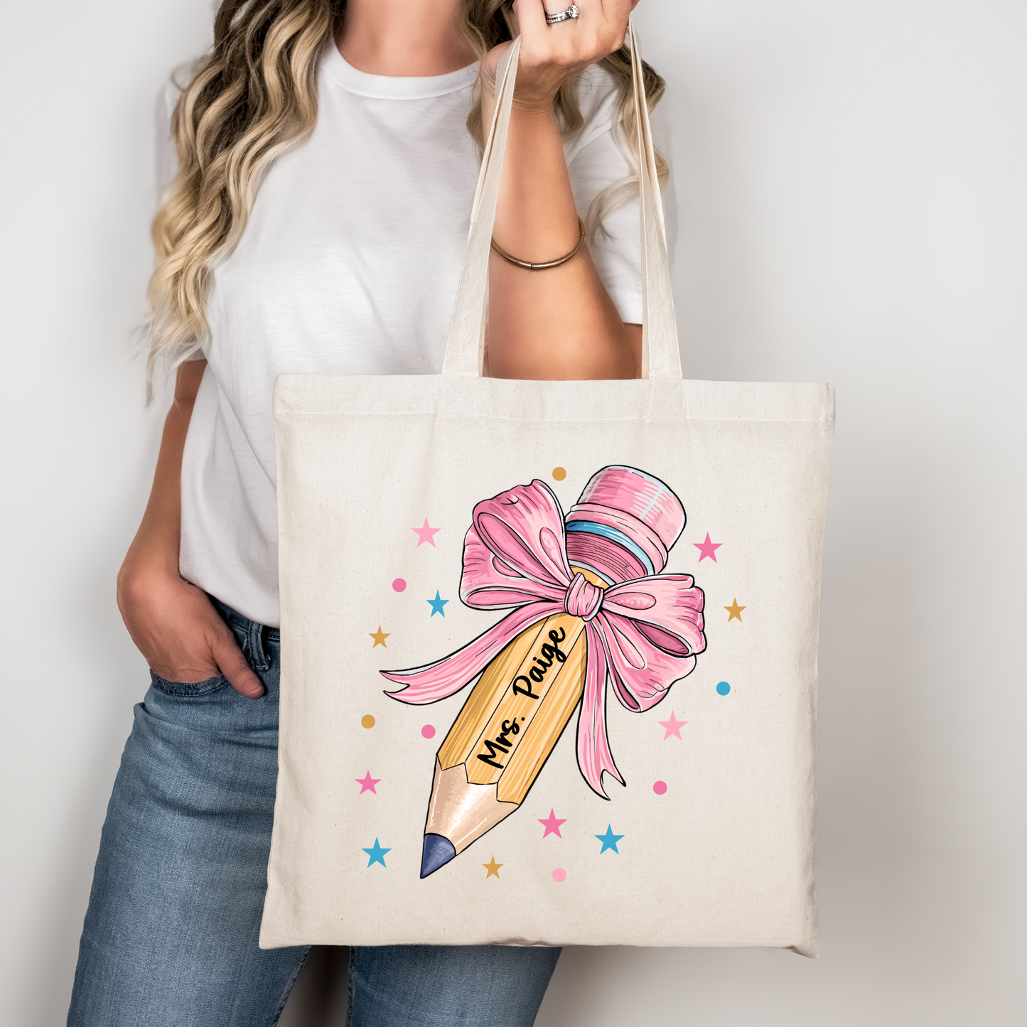 Custom canvas teacher tote with coquette pencil design

