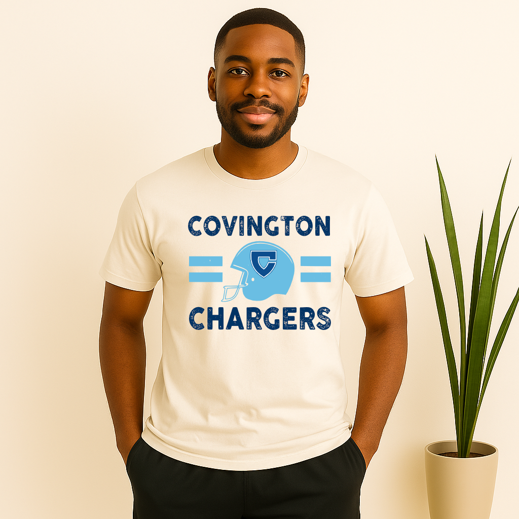 Male wearing covington Chargers Football spirit wear
