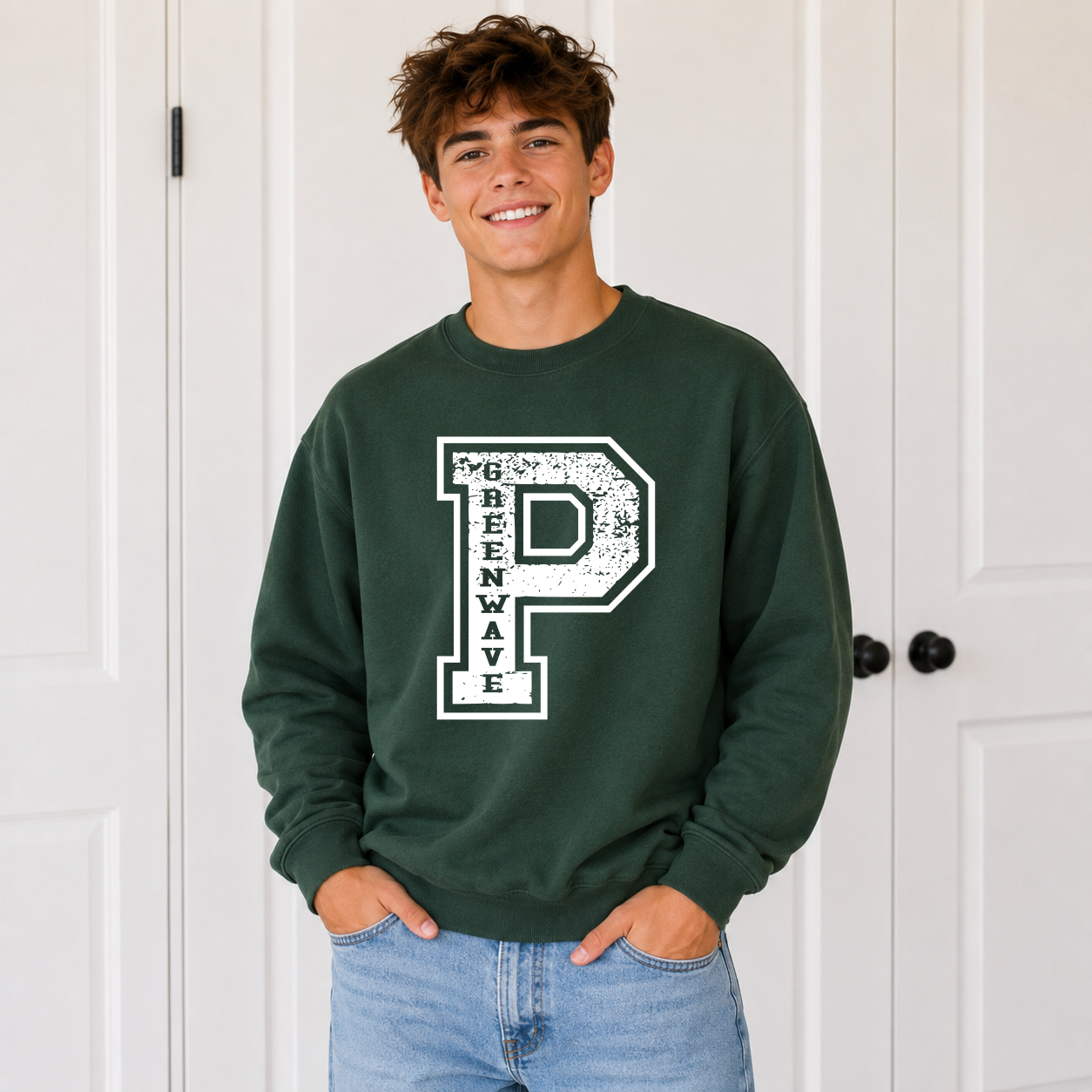 Letter P - Green Wave Ponchatoula High Green Sweatshirt