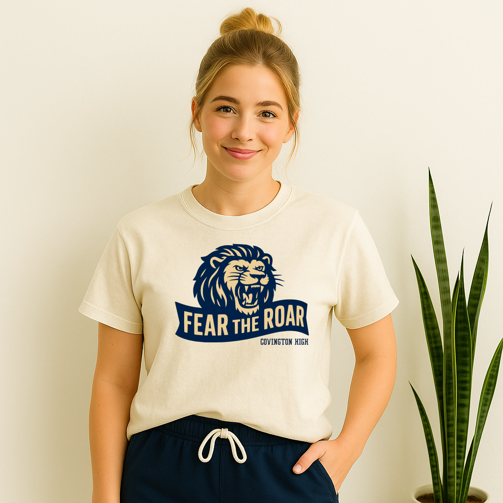Retro roaring lion graphic Covington High School spirit tee