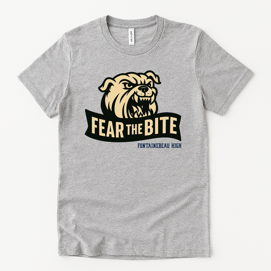 Unisex t-shirt with Fear The Bite bulldog mascot graphic and Fontainebleau High text