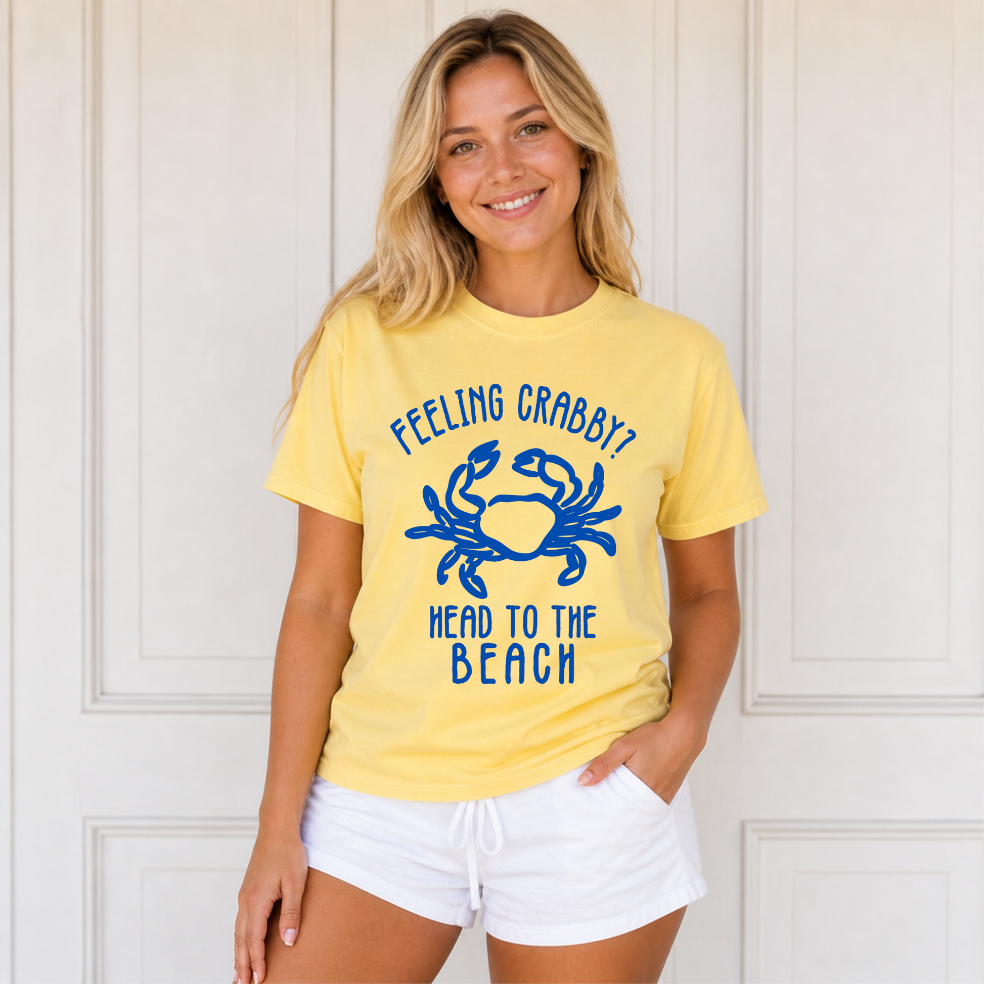 Funny beach graphic tee for adults with crab design and summer quote